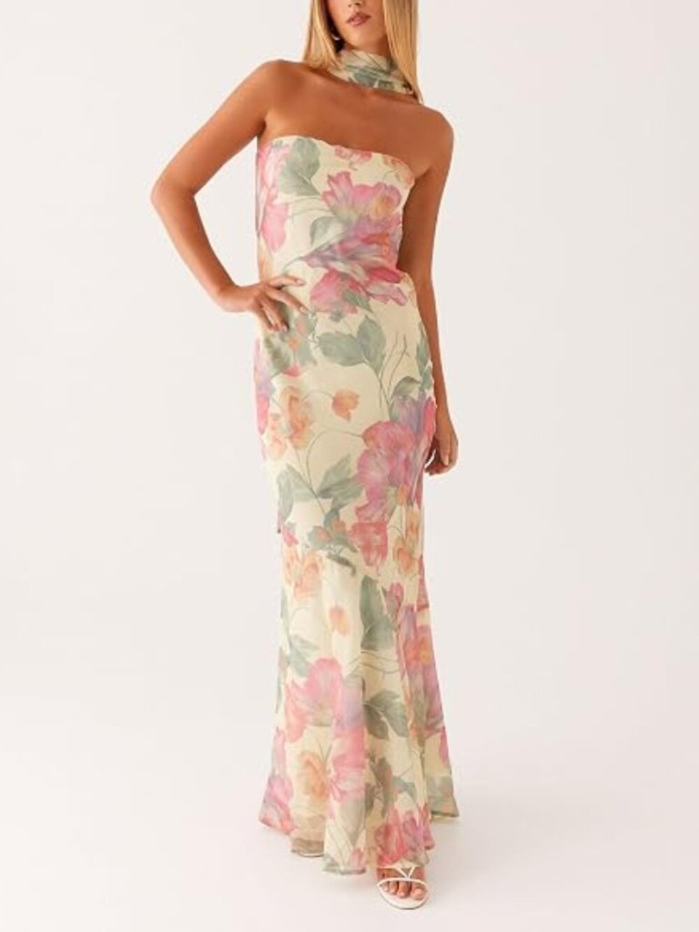 Women Strapless Floral Dress with Sarf Mesh Tube Maxi Dress Summer Cocktail Wedd
